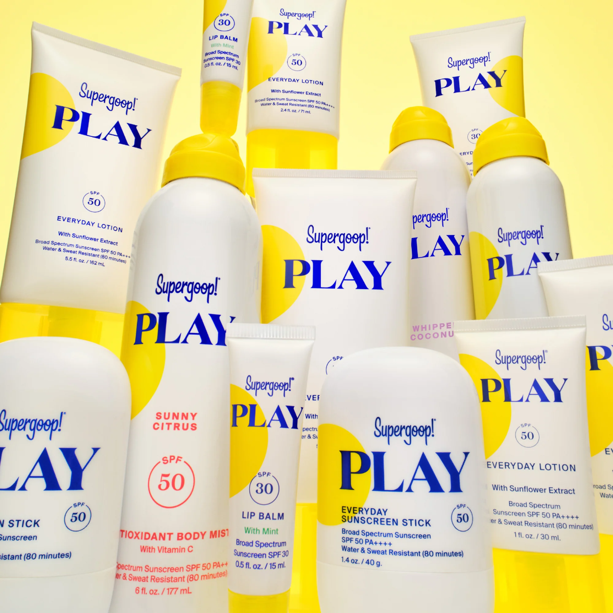 Supergoop! PLAY sunscreen products on a yellow background