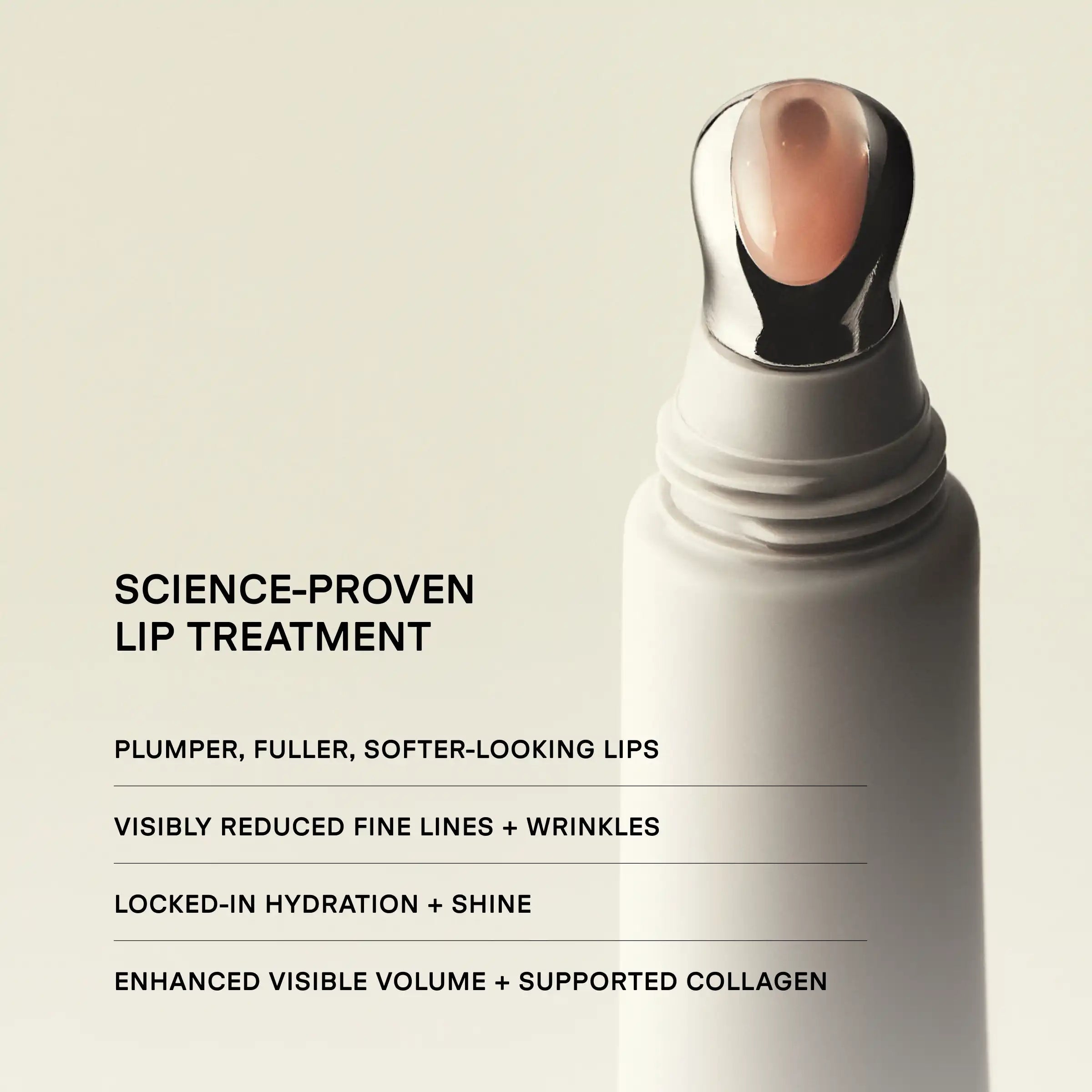 Lip treatment product with text highlighting its benefits on a beige background