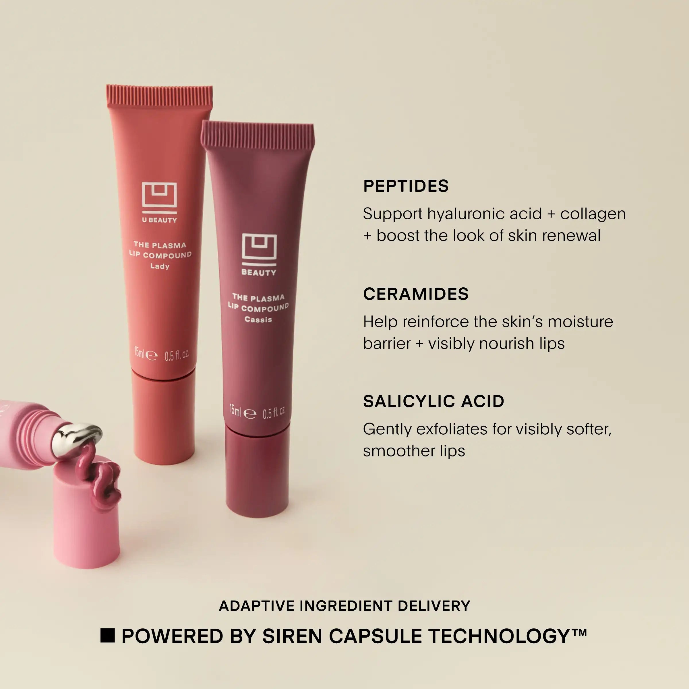 Two pink lip products with text detailing their ingredients on a beige background