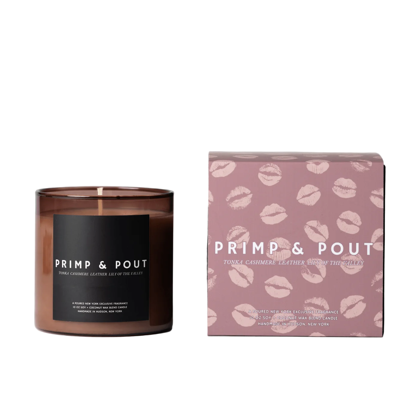 Candle with 'Primp & Pout' branding next to its packaging on a white background