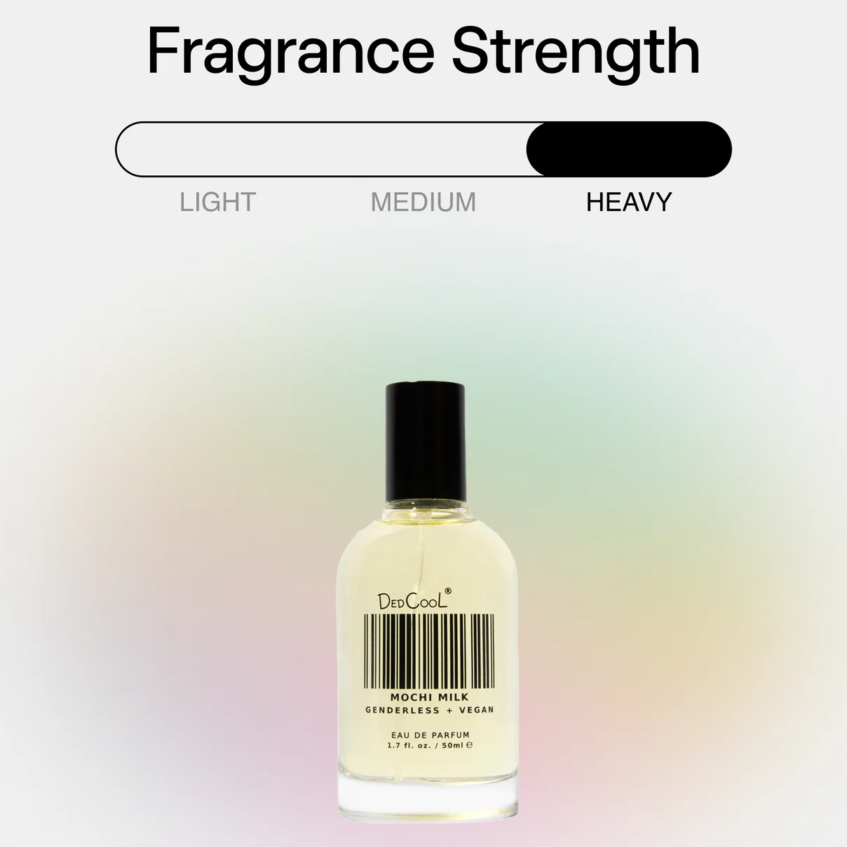 Bottle of DeoCool Midori Milk with fragrance strength scale on a gradient background.  Fragrance slide indicates 'heavy' fragrance.
