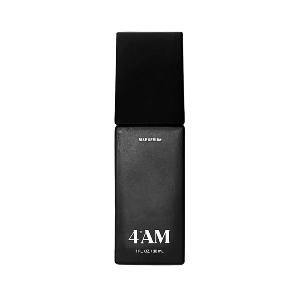 Black bottle with '4AM' branding on a white background