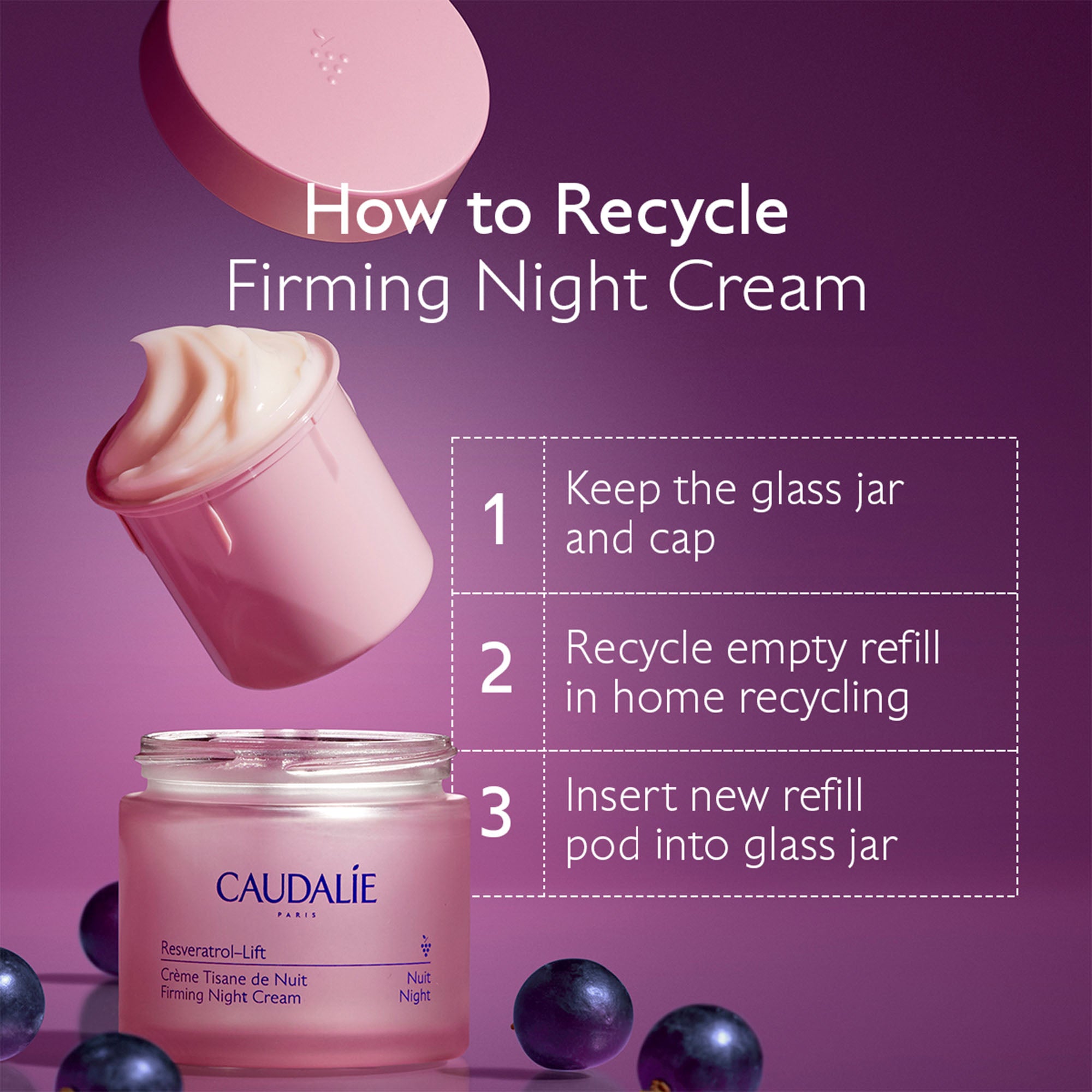 Caudélé firming night cream with recycling instructions on a purple background