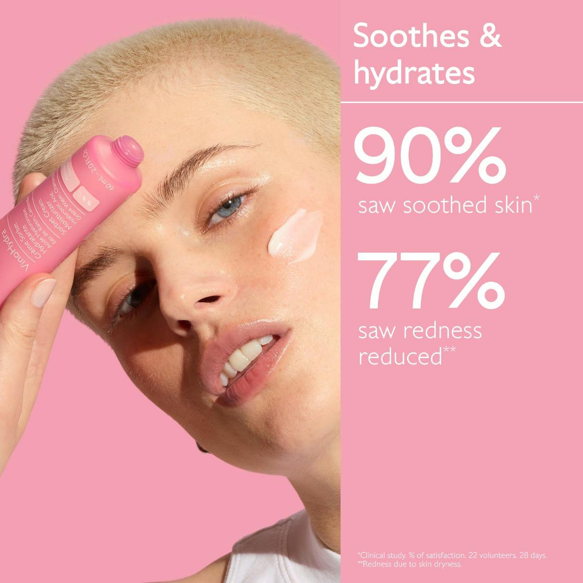 Woman applying skincare product with pink background and text about product benefits