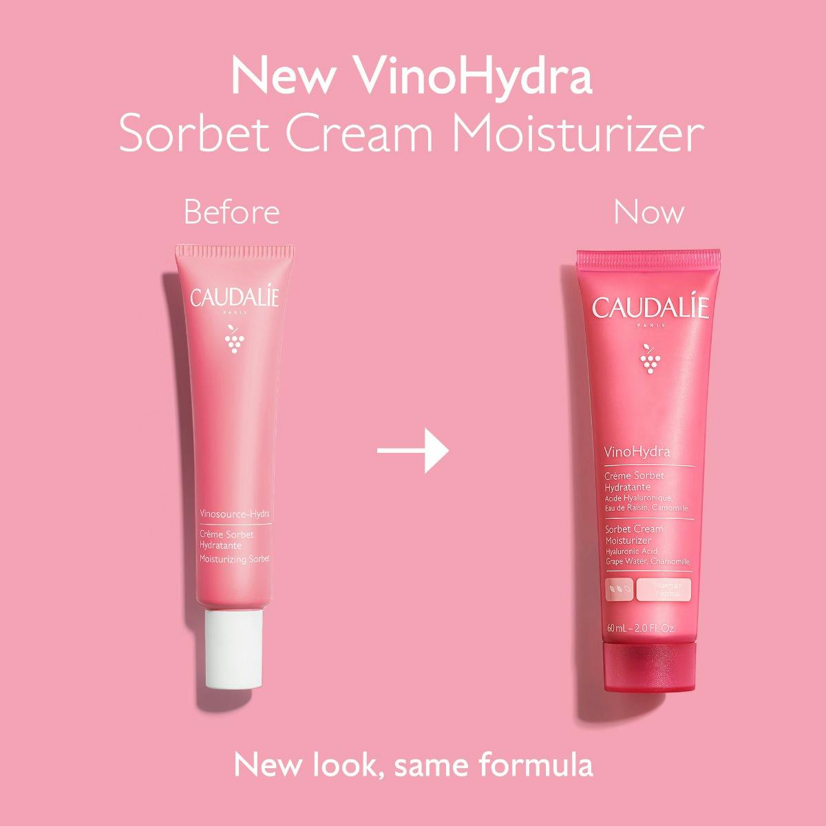 Caudéville VinoHydra Sorbet Cream Moisturizer packaging comparison on a pink background