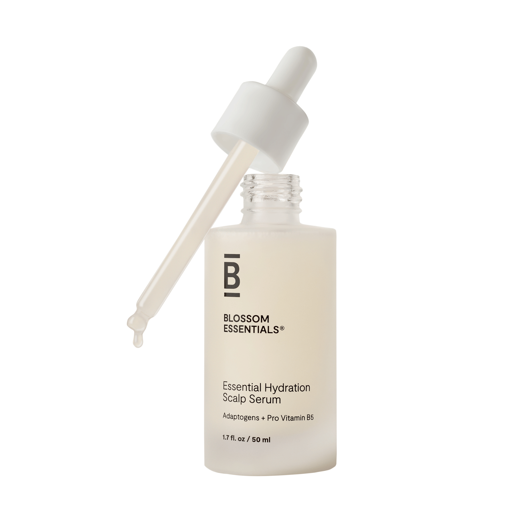 Blossom Essentials Essential Hydration Scalp Serum bottle with dropper on a white background