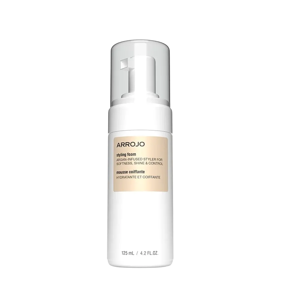A white cylindrical bottle of Arrojo Styling Balm with a clear cap and a beige label, centered on a light gray background.