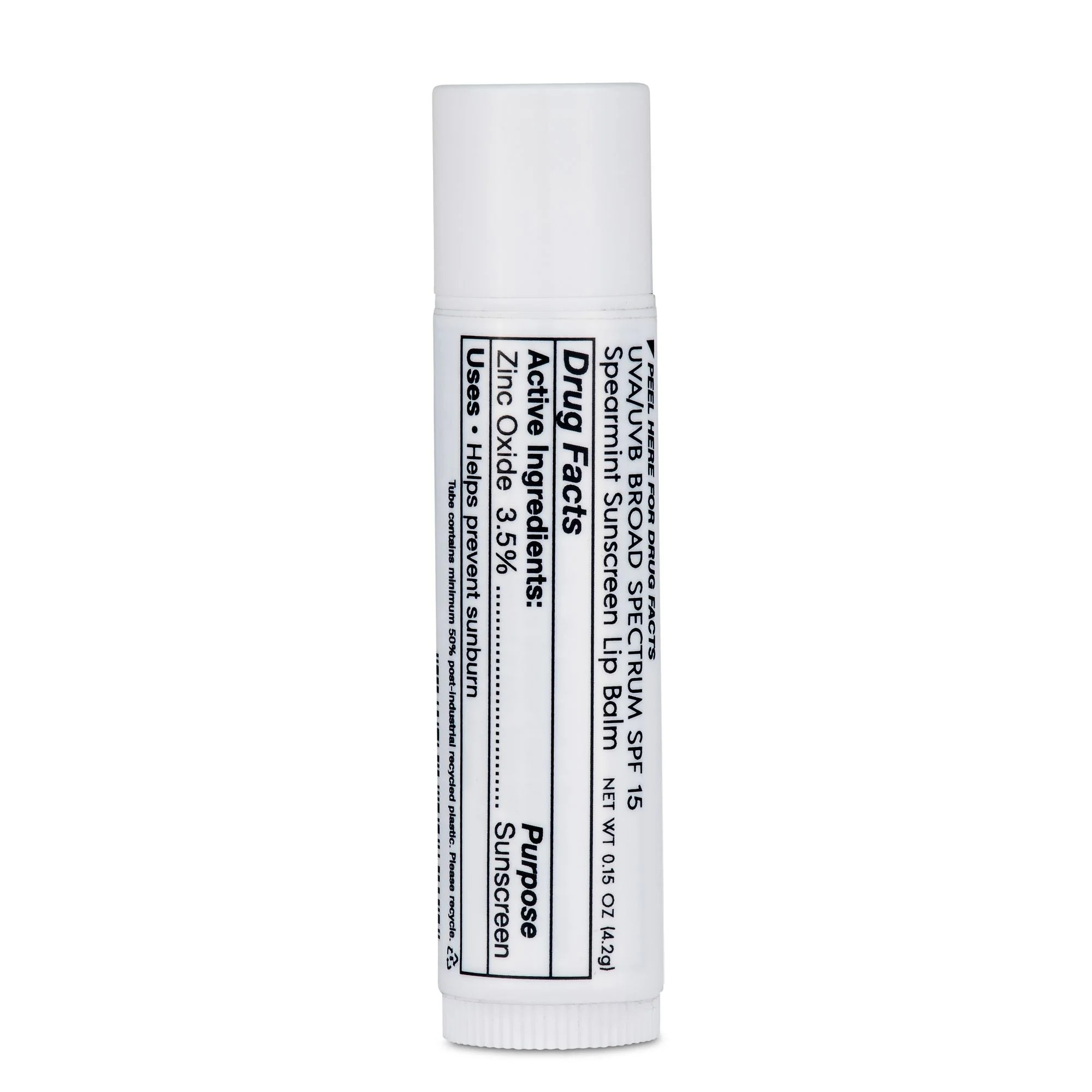 White lip balm stick with black text on a white background