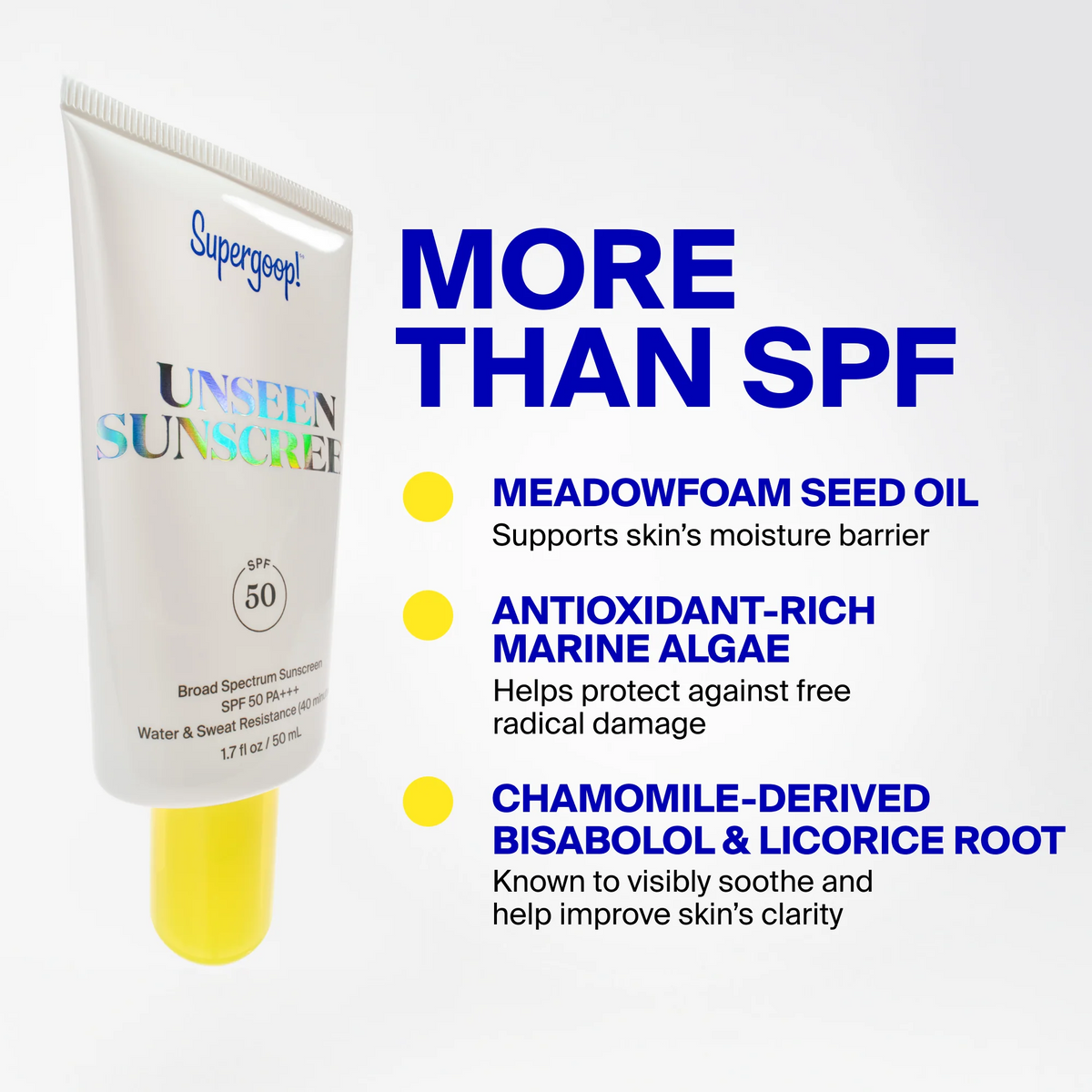 Supergoop! Unseen Sunscreen SPF 50 tube on a white background with text overlay explaining benefits