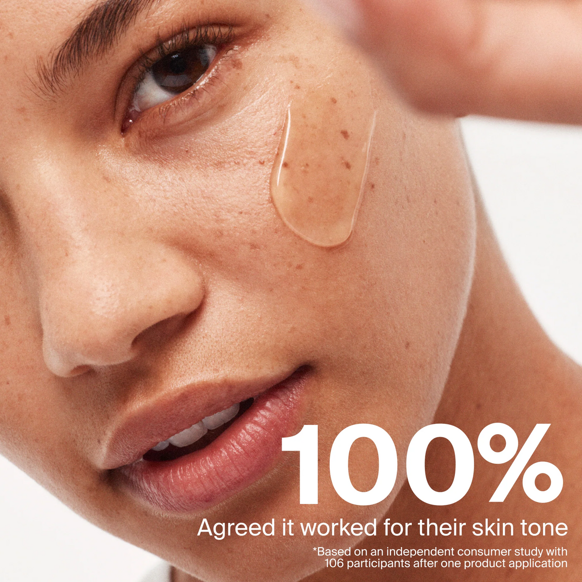 Close up of Supergoop! Unseen Sunscreen SPF 50 smeared on a person's cheek with text overlayed explaining percentage of people who had successful results