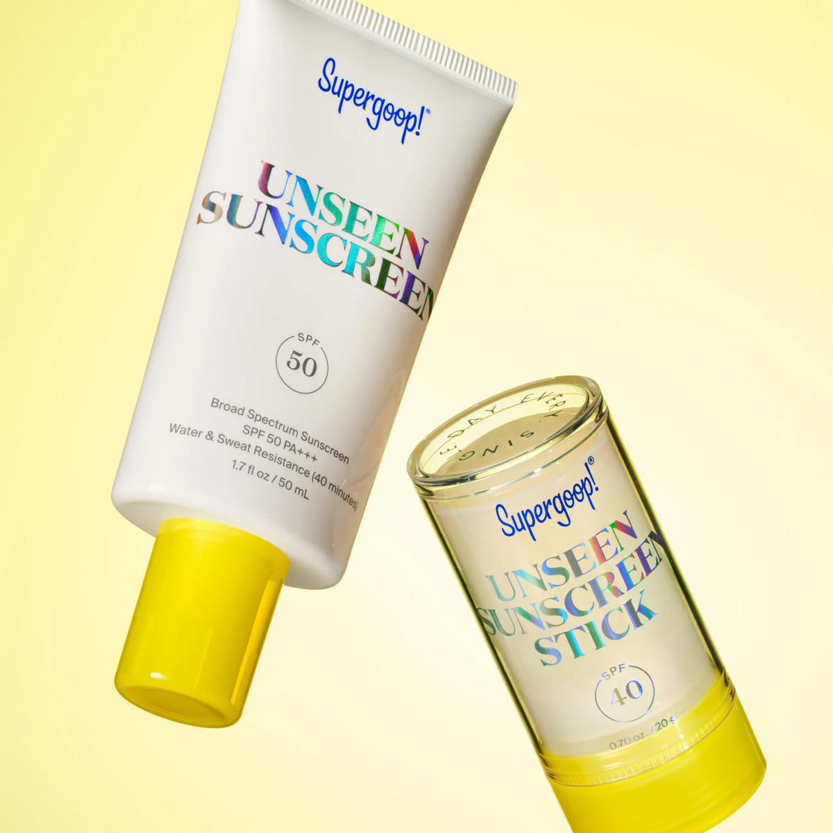 Supergoop! Unseen Sunscreen SPF 50 tube and stick floating in yellow space