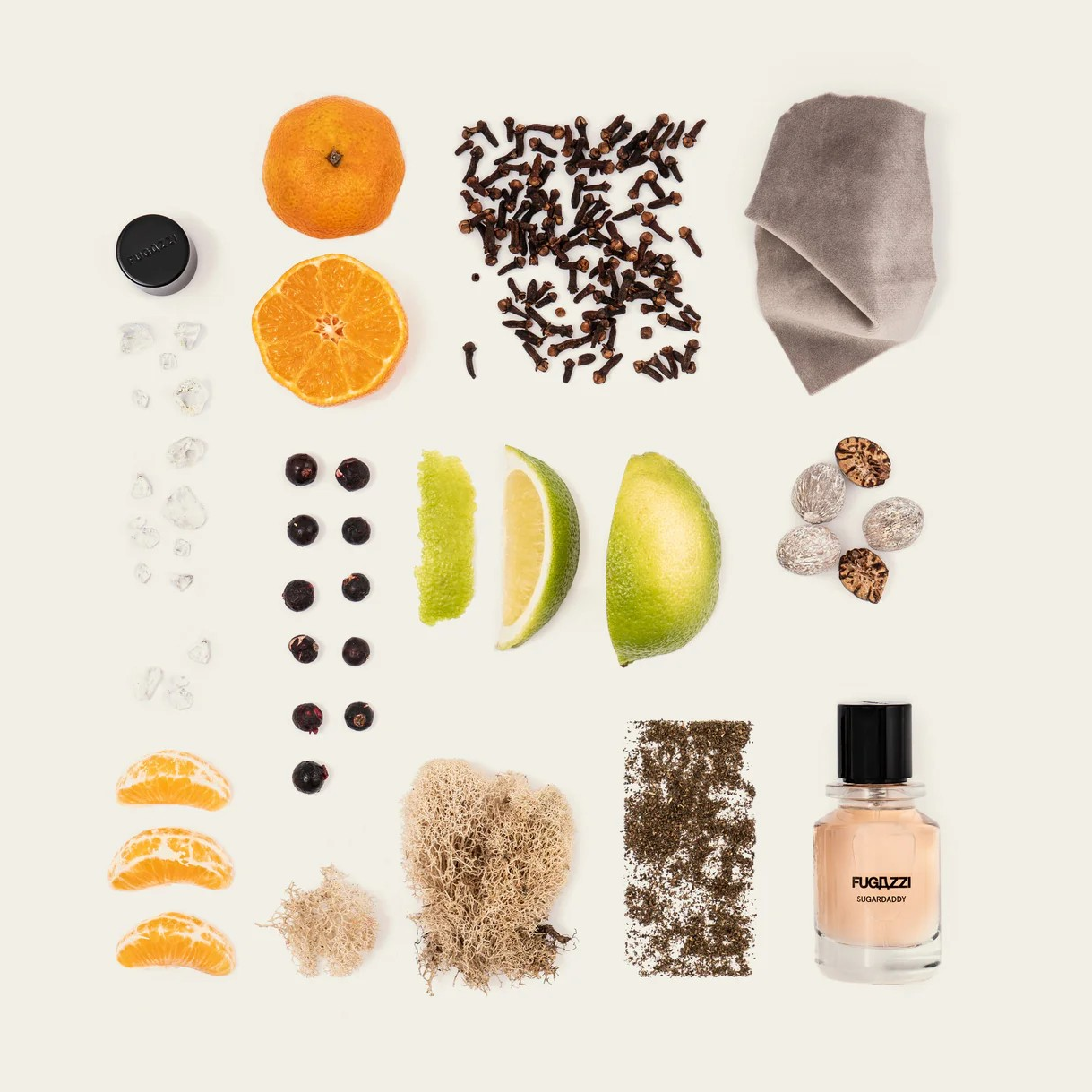 Fugazzi Sugardaddy bottle on white background with various spices and citrus slices.