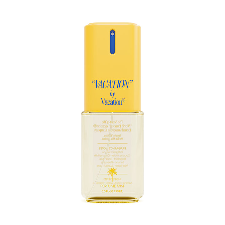 Yellow bottle with a cap labeled 'Vacation' on a white background