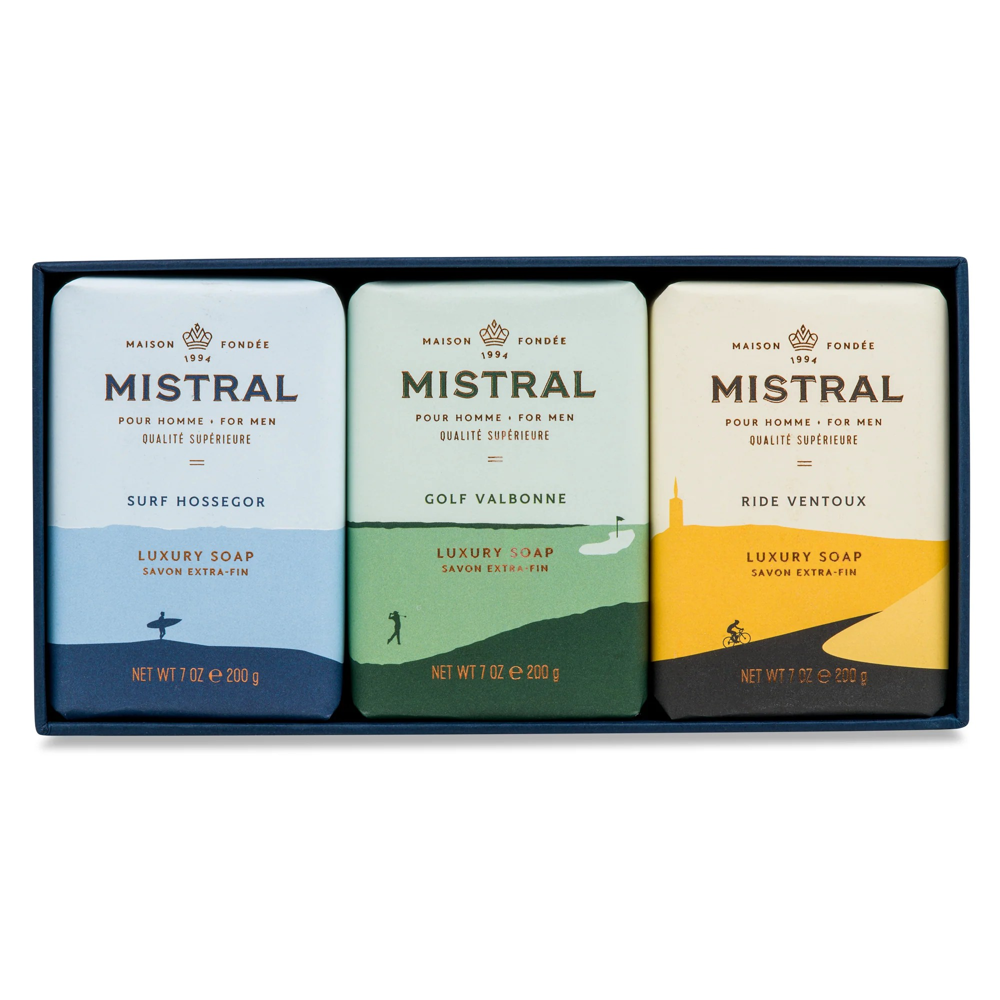 Three Mistral luxury soaps in a box on a white background