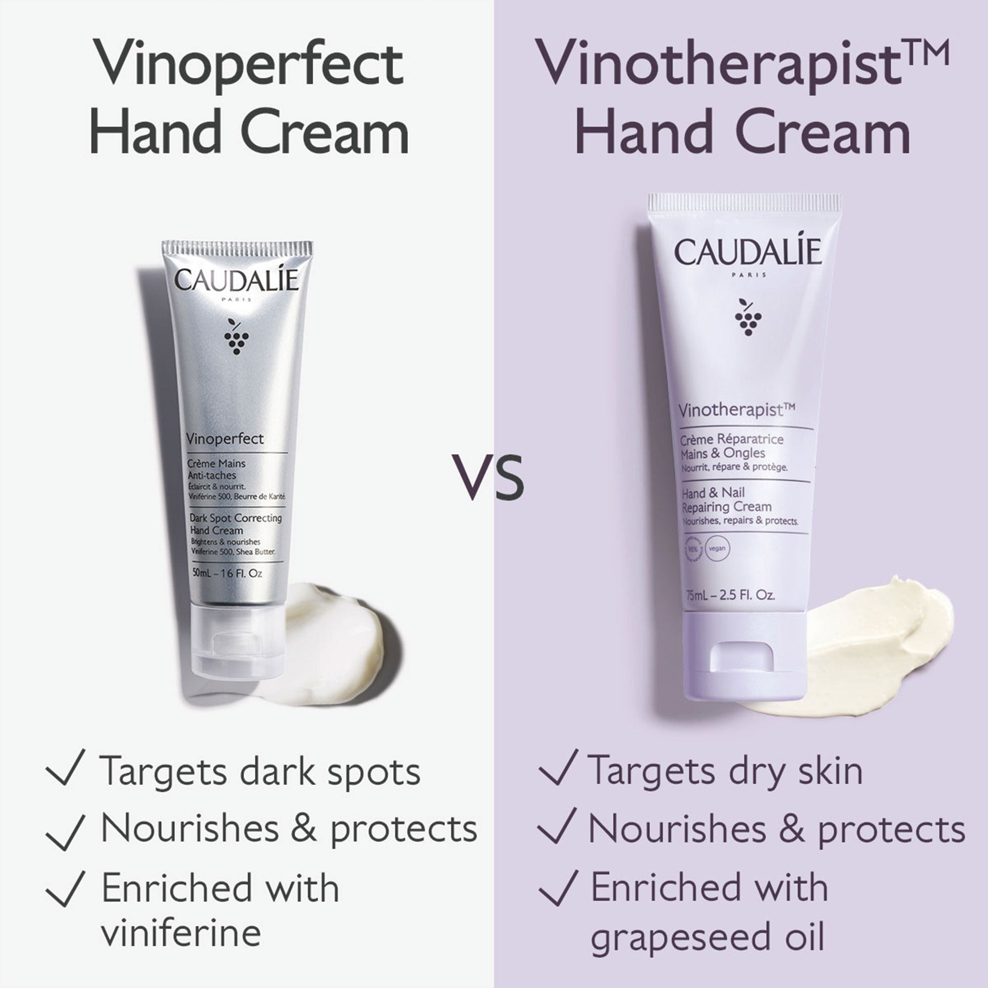 Two bottles of Caudélé hand cream with text comparing 'Vinoperfect' and 'Vinotherapist' on a light purple background.