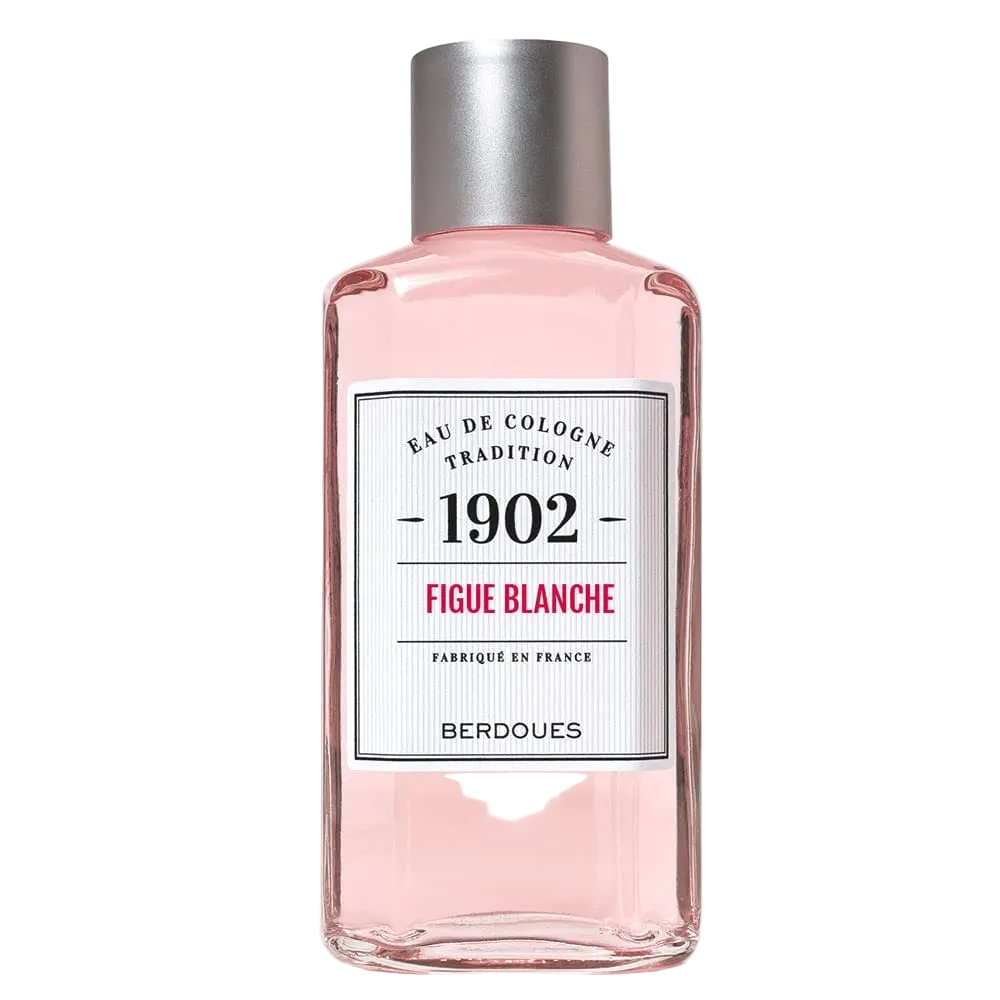 Perfume bottle labeled '1902 Figue Blanche' by Berdoues on a white background