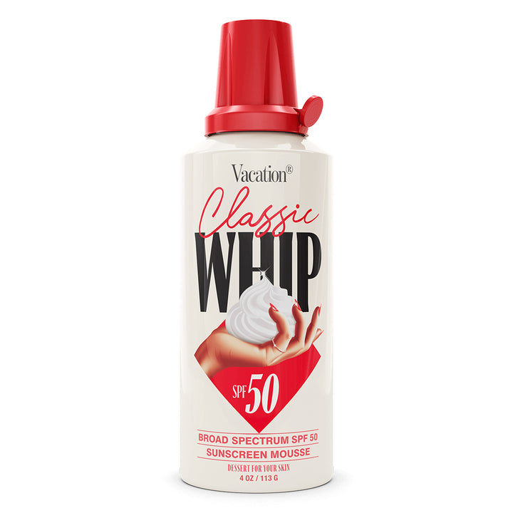 Vacation Classic Whip sunscreen mousse bottle with red cap on a white background