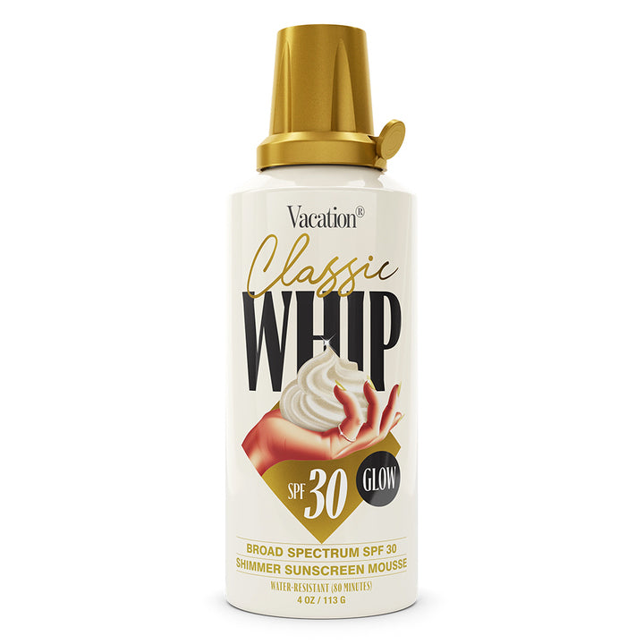 Vacation Classic Whip sunscreen mousse bottle with gold cap on a white background