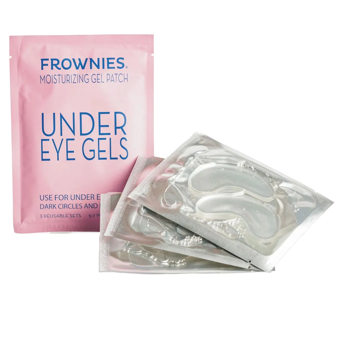 Frownies moisturizing gel patch packaging with two gel patches on a white background