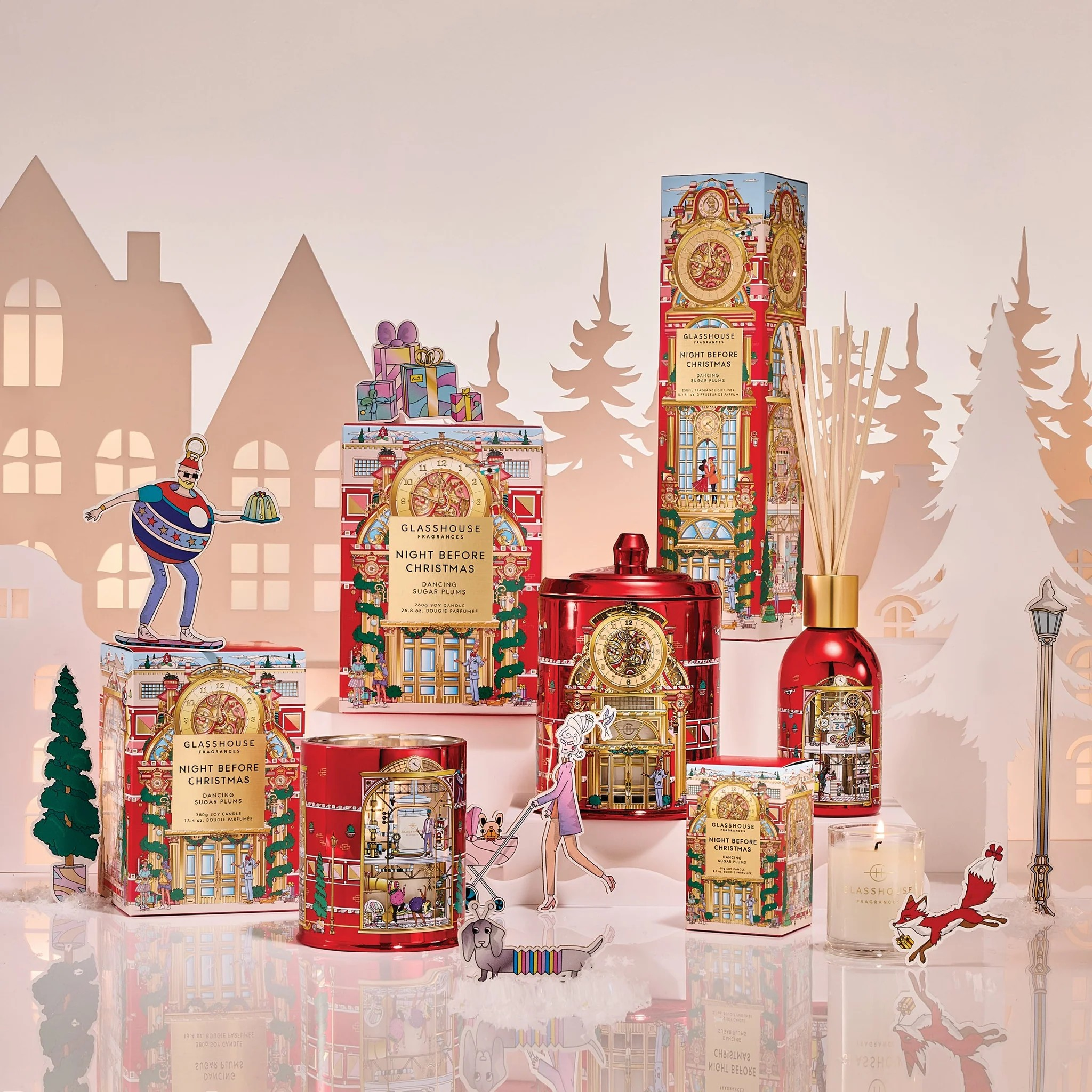 Assorted products from the Night before christmas line on a christmas scene background.