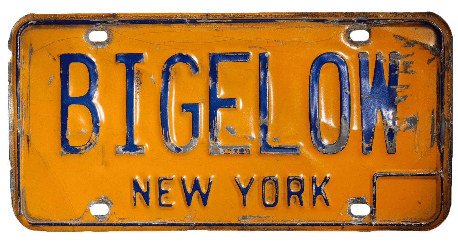 C.O. Bigelow NY license plate